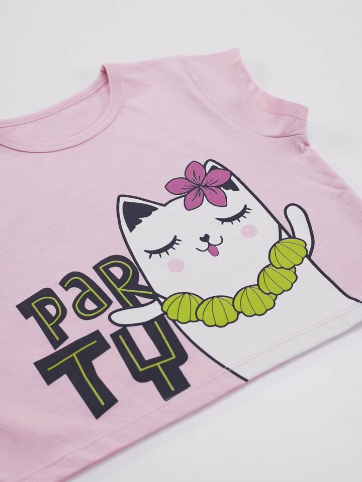 Hawaii Cat Kız Crop Top Şort Takım 7 Y - Pembe, Lacivert