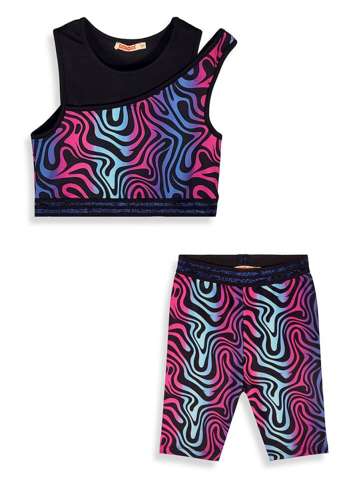 Renkli Zebra Crop Top Kız Çocuk Spor Tayt Takım