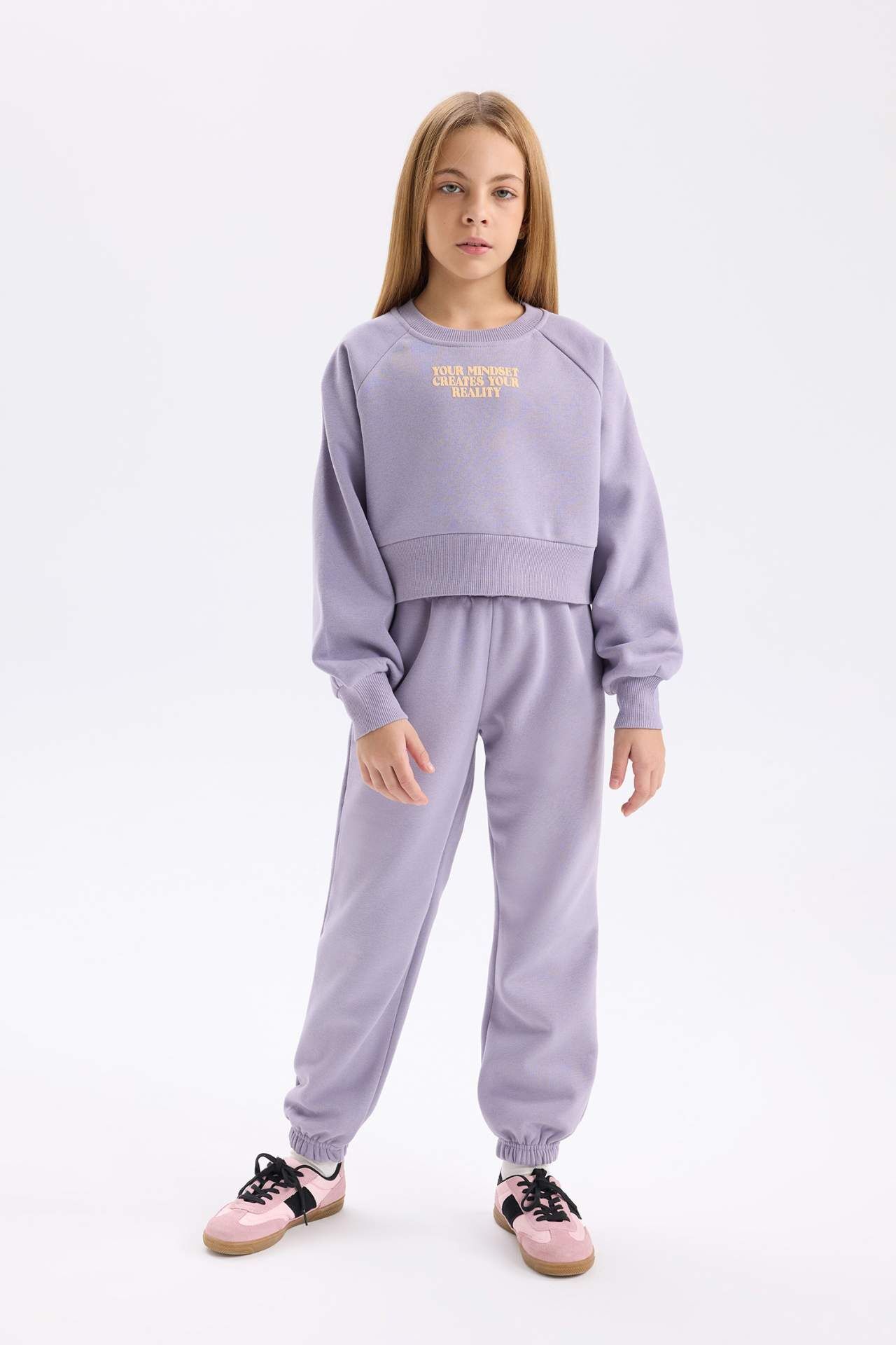Kız Çocuk  2'li Takım Bisiklet Yaka Baskılı Sweatshirt Beli Paçası Lastikli Jogger Eşofman Altı