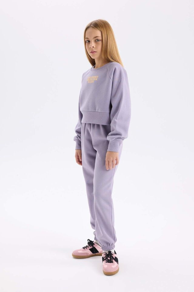 Kız Çocuk  2'li Takım Bisiklet Yaka Baskılı Sweatshirt Beli Paçası Lastikli Jogger Eşofman Altı