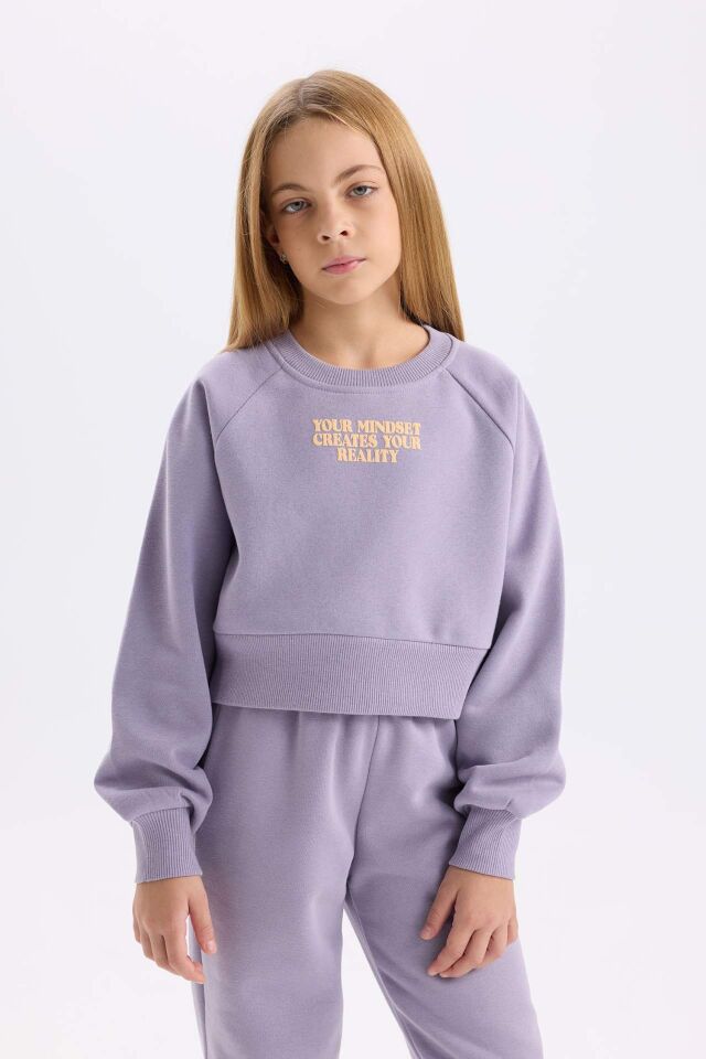 Kız Çocuk  2'li Takım Bisiklet Yaka Baskılı Sweatshirt Beli Paçası Lastikli Jogger Eşofman Altı