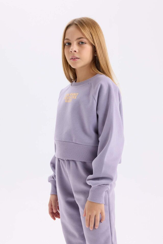 Kız Çocuk  2'li Takım Bisiklet Yaka Baskılı Sweatshirt Beli Paçası Lastikli Jogger Eşofman Altı