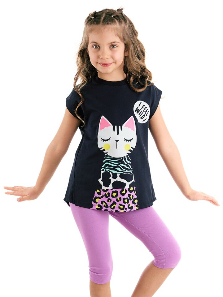 Orman Kedisi Kız Çocuk T-shirt Lila Tayt Takım 4 Y - Lila, Lacivert