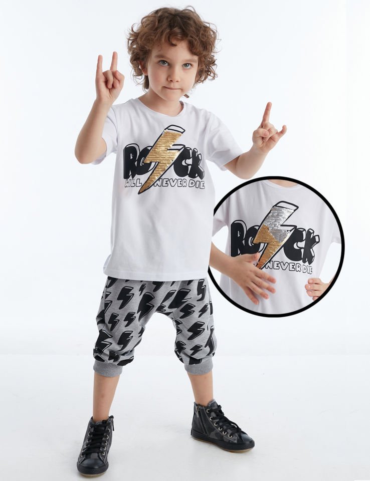 Thunder Rock Erkek Çocuk T-shirt Kapri Şort Takım 4 Y - Siyah Beyaz Gri