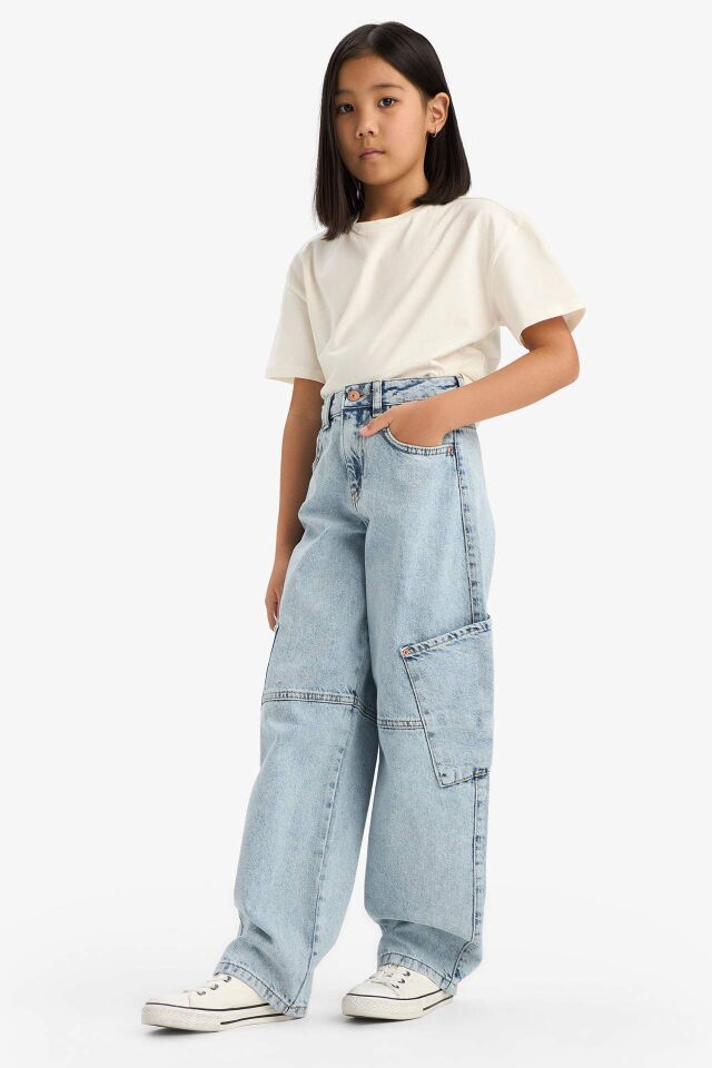 Kız Çocuk Baggy Fit Geniş Bol Paça Jean Pantolon