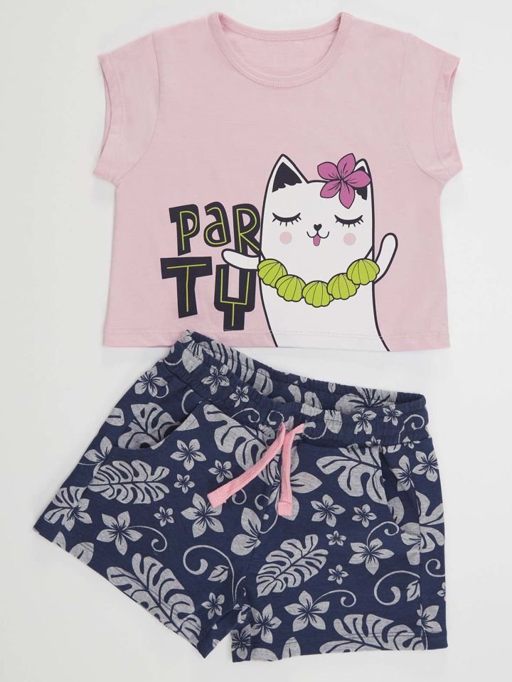Hawaii Cat Kız Crop Top Şort Takım 6 Y - Pembe, Lacivert