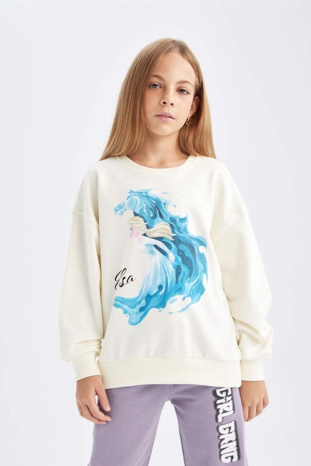 Kız Çocuk Ekru Frozen Relax Fit Bisiklet Yaka Sweatshirt