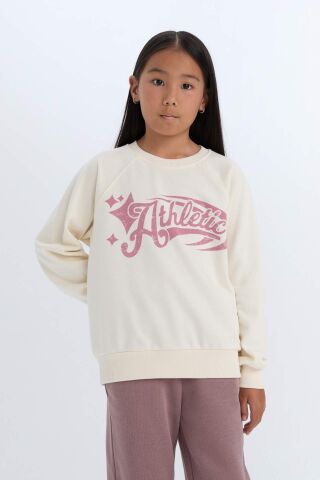 Kız Çocuk Relax Fit Bisiklet Yaka Baskılı Sweatshirt