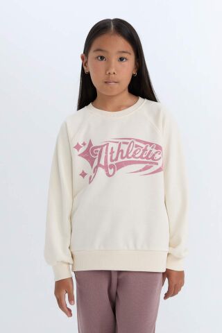 Kız Çocuk Relax Fit Bisiklet Yaka Baskılı Sweatshirt