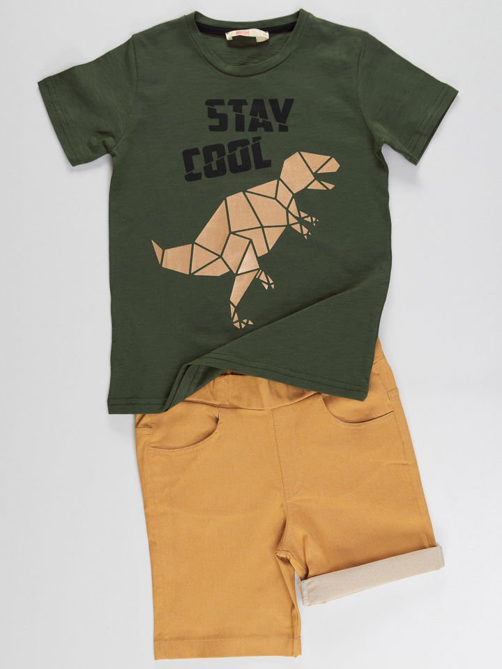 Cool T-Rex Erkek Çocuk T-shirt Gabardin Şort Takım 3 Y - Yeşil Bej