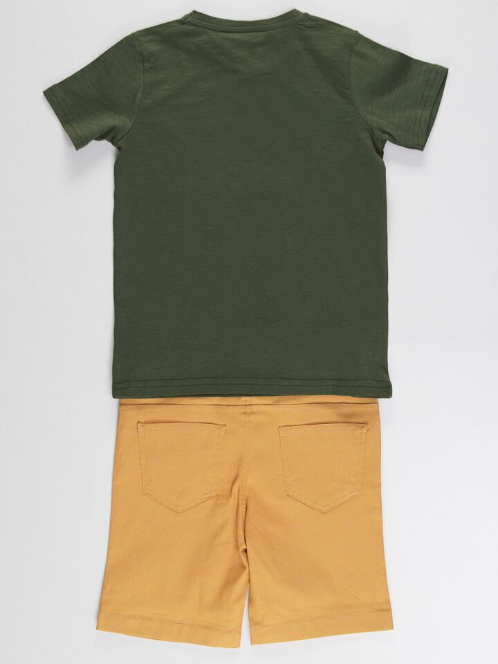 Cool T-Rex Erkek Çocuk T-shirt Gabardin Şort Takım 3 Y - Yeşil Bej