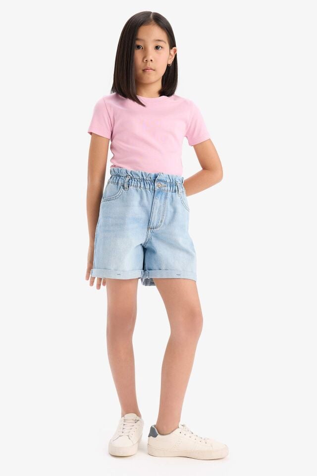 Kız Çocuk Slim Fit Dar Kesim Bisiklet Yaka Ribana Basic Düz Kısa Kollu Tişört