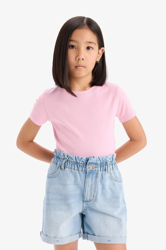Kız Çocuk Slim Fit Dar Kesim Bisiklet Yaka Ribana Basic Düz Kısa Kollu Tişört