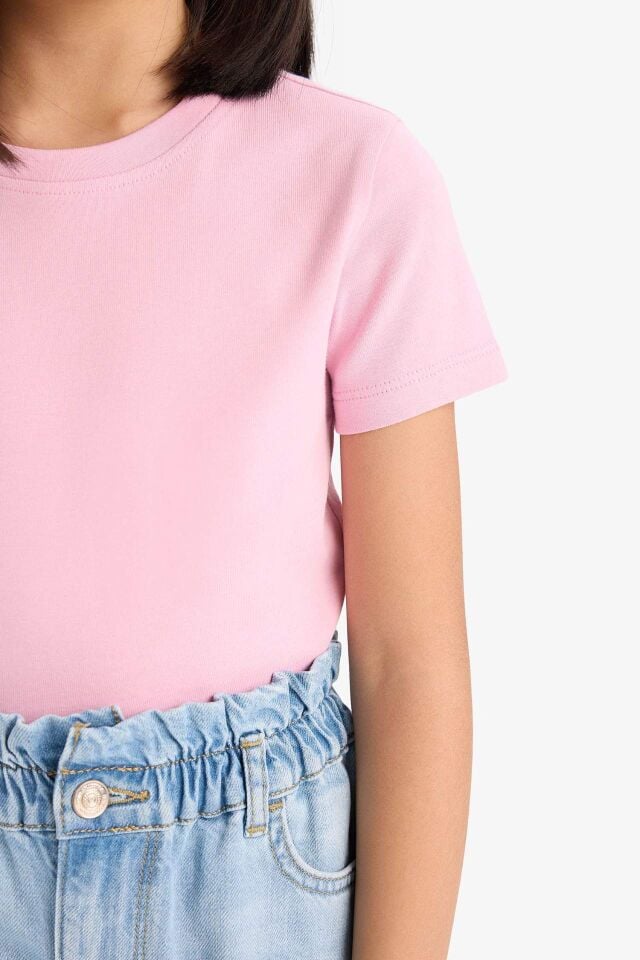 Kız Çocuk Slim Fit Dar Kesim Bisiklet Yaka Ribana Basic Düz Kısa Kollu Tişört