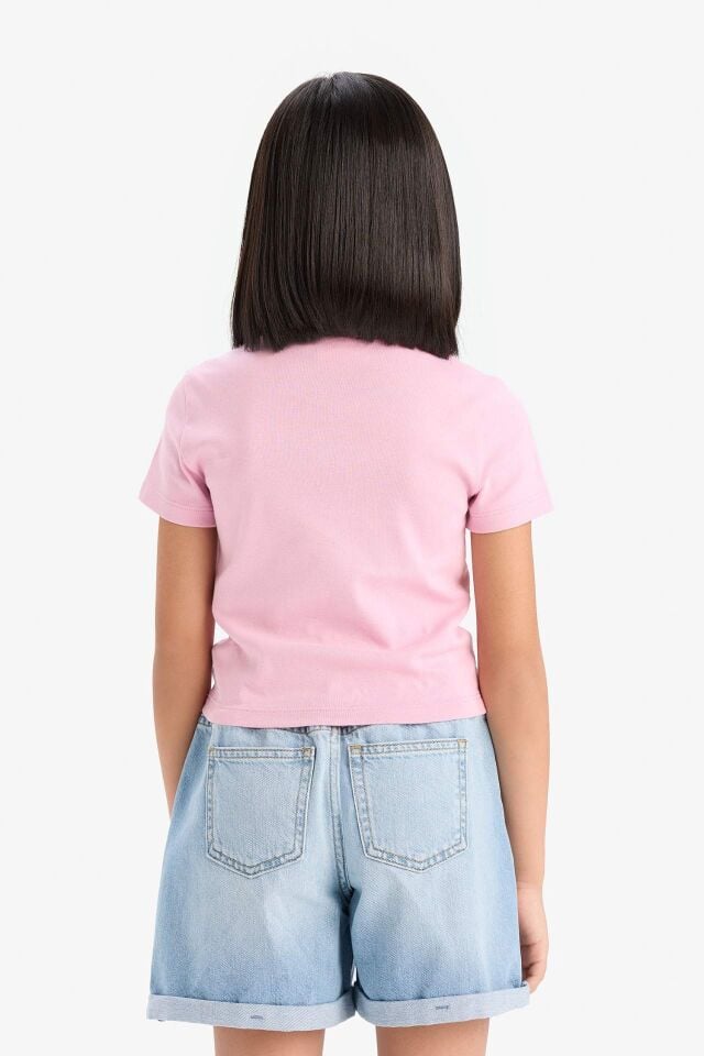 Kız Çocuk Slim Fit Dar Kesim Bisiklet Yaka Ribana Basic Düz Kısa Kollu Tişört