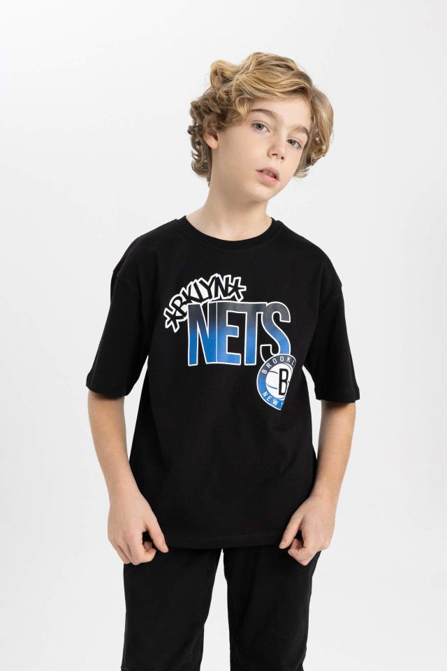 Erkek Çocuk NBA Brooklyn Nets Oversize Geniş Kalıp Bisiklet Yaka Kısa Kollu Tişört