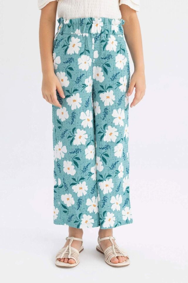 Kız Çocuk Wide Leg Geniş Bol Paça Çiçekli Beli Lastikli Bürümcük Pantolon