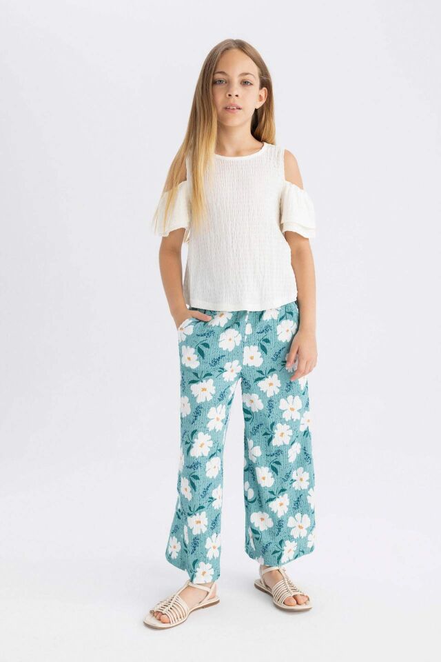 Kız Çocuk Wide Leg Geniş Bol Paça Çiçekli Beli Lastikli Bürümcük Pantolon