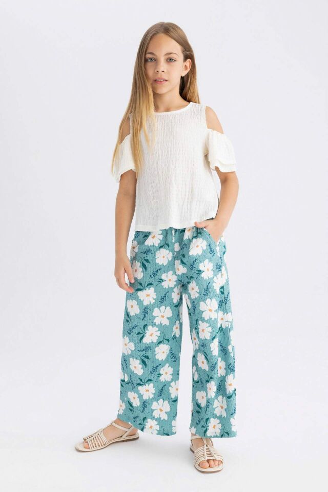 Kız Çocuk Wide Leg Geniş Bol Paça Çiçekli Beli Lastikli Bürümcük Pantolon