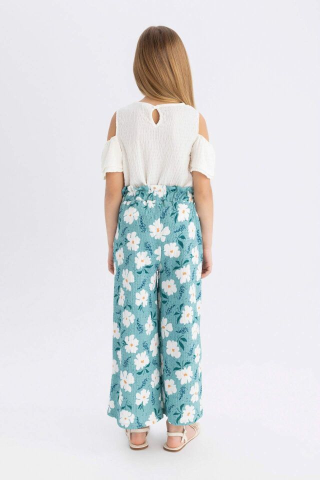 Kız Çocuk Wide Leg Geniş Bol Paça Çiçekli Beli Lastikli Bürümcük Pantolon