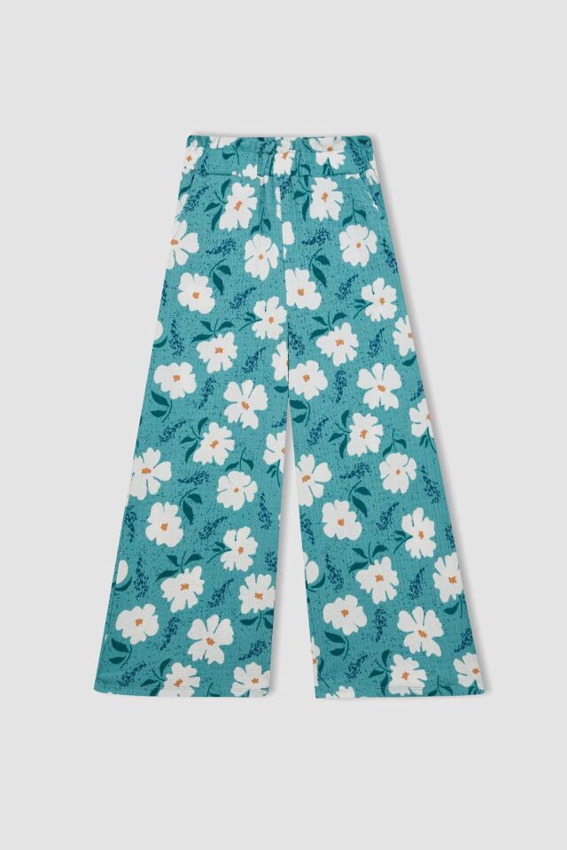 Kız Çocuk Wide Leg Geniş Bol Paça Çiçekli Beli Lastikli Bürümcük Pantolon