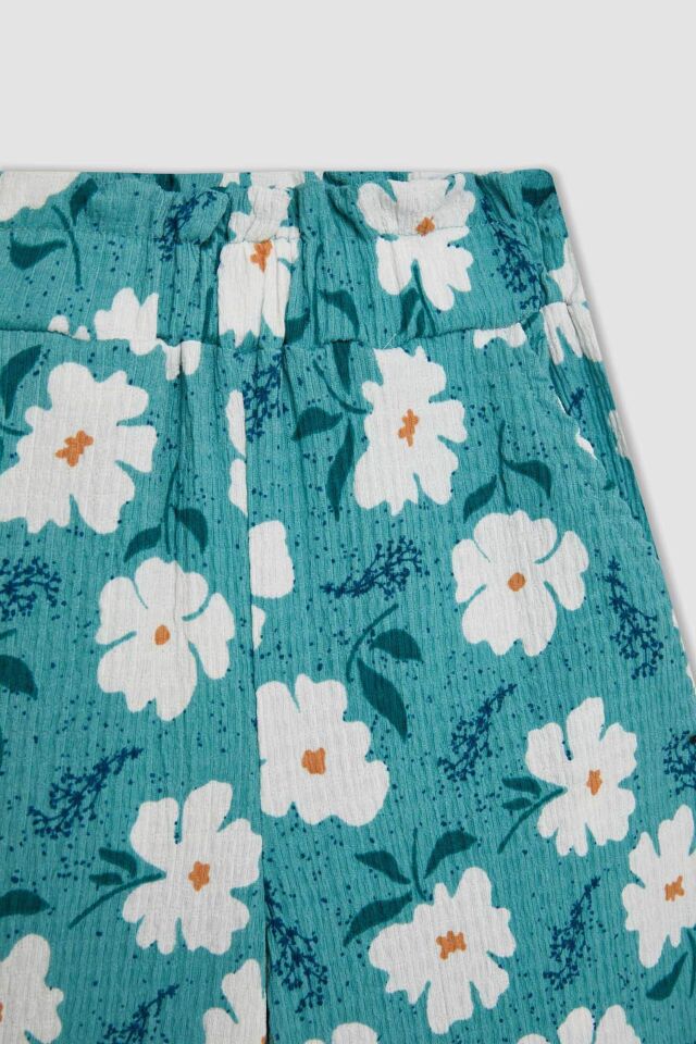 Kız Çocuk Wide Leg Geniş Bol Paça Çiçekli Beli Lastikli Bürümcük Pantolon