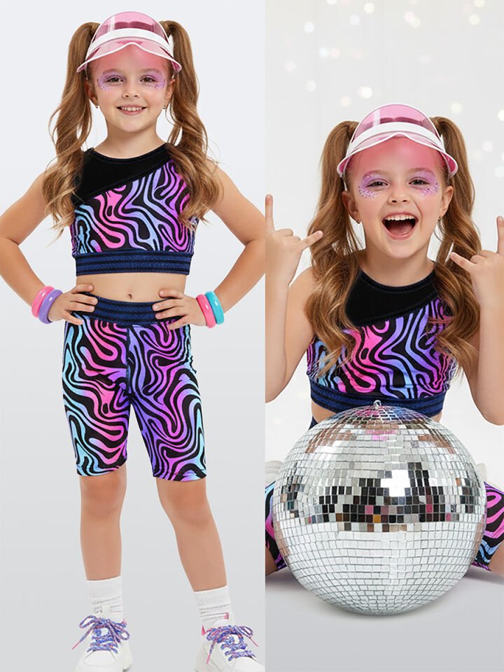 Renkli Zebra Crop Top Kız Çocuk Spor Tayt Takım 9Y - Siyah