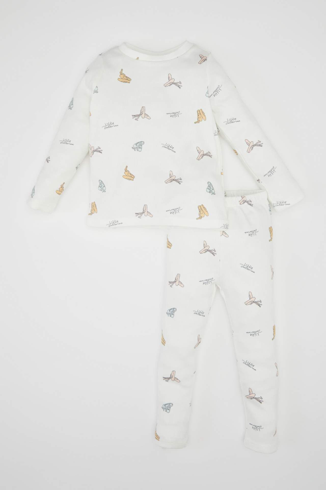 Kız Bebek Pijama Takım Balerin Baskılı Fitilli Kaşkorse  Uzun Kollu Üst Beli Lastikli Uzun Alt