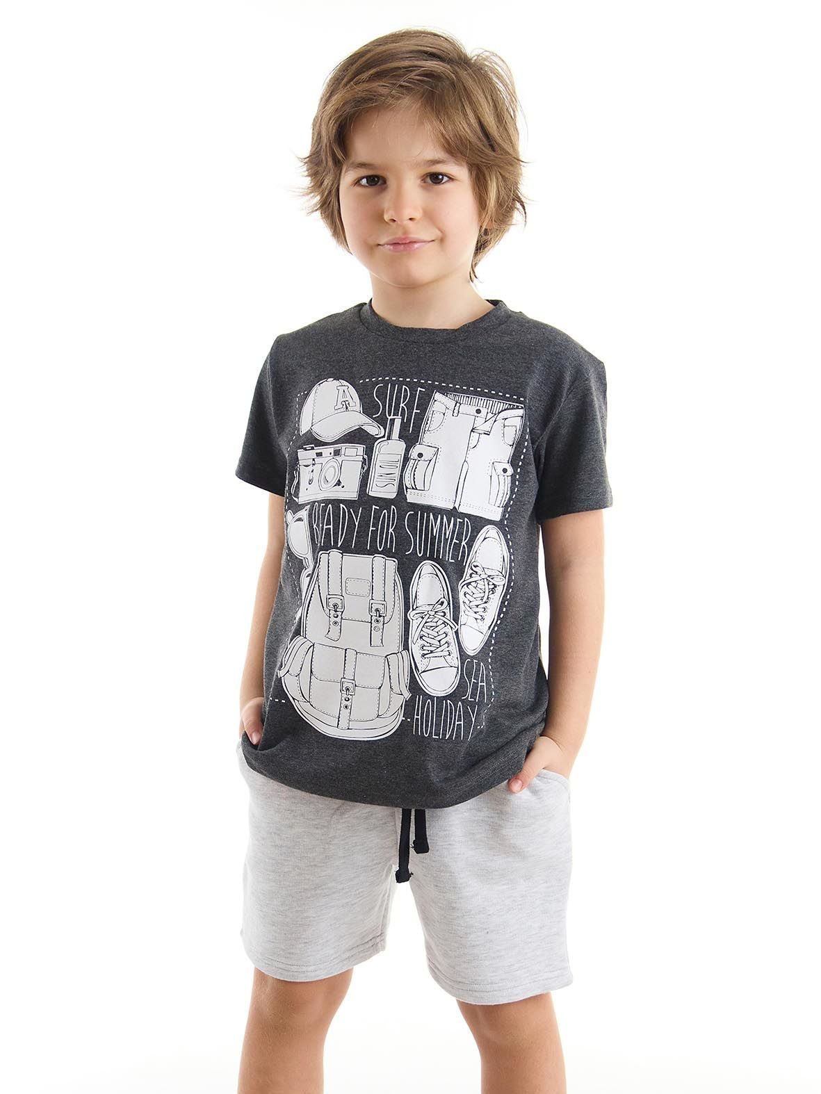 Ready Erkek Çocuk Koyu Gri T-Shirt Gri Şort Takım