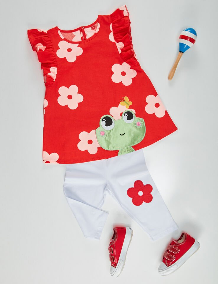 Frog Kırmızı Beyaz Kız Çocuk Tunik Tayt Takım 2 Y - Kırmızı Beyaz