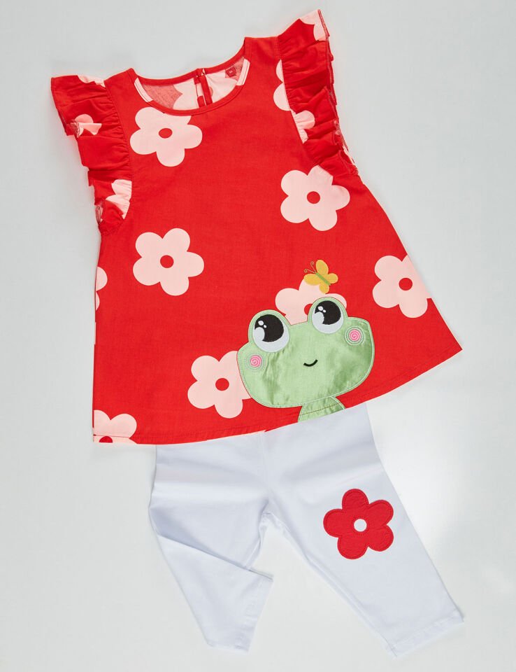Frog Kırmızı Beyaz Kız Çocuk Tunik Tayt Takım 2 Y - Kırmızı Beyaz