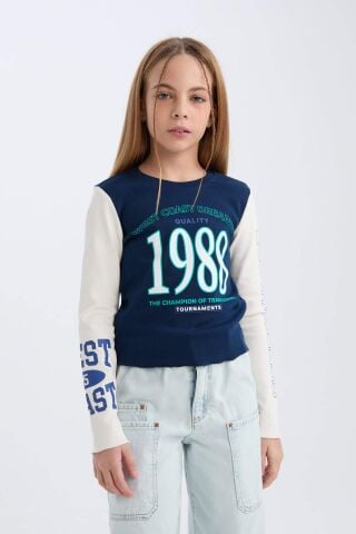 Kız Çocuk Cropped Fit Bisiklet Yaka Baskılı Fitilli Kaşkorse Uzun Kollu Tişört