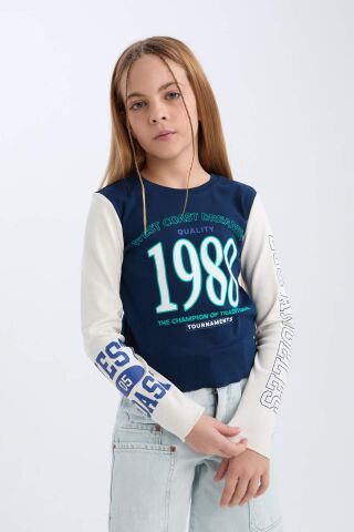 Kız Çocuk Cropped Fit Bisiklet Yaka Baskılı Fitilli Kaşkorse Uzun Kollu Tişört