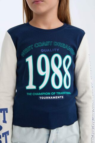 Kız Çocuk Cropped Fit Bisiklet Yaka Baskılı Fitilli Kaşkorse Uzun Kollu Tişört