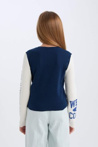 Kız Çocuk Cropped Fit Bisiklet Yaka Baskılı Fitilli Kaşkorse Uzun Kollu Tişört