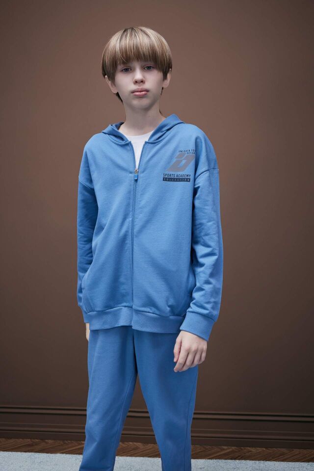 Erkek Çocuk Baskılı Kapüşonlu Fermuarlı Sweatshirt
