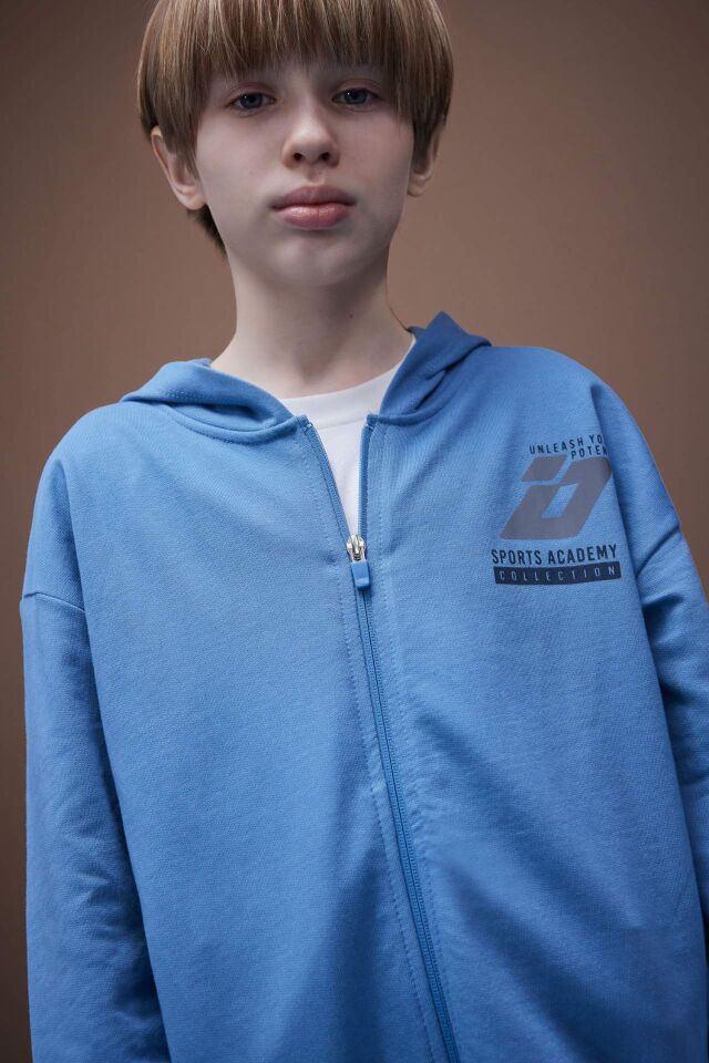 Erkek Çocuk Baskılı Kapüşonlu Fermuarlı Sweatshirt
