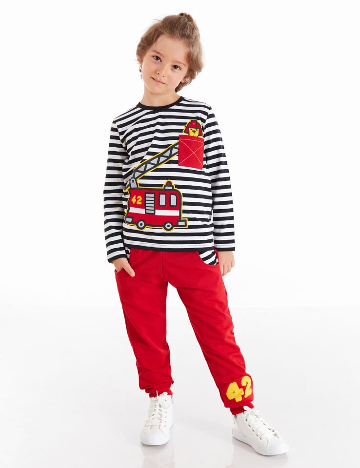 Çizgili İtfaiye Erkek Çocuk T-shirt Pantolon Takım 5 Y