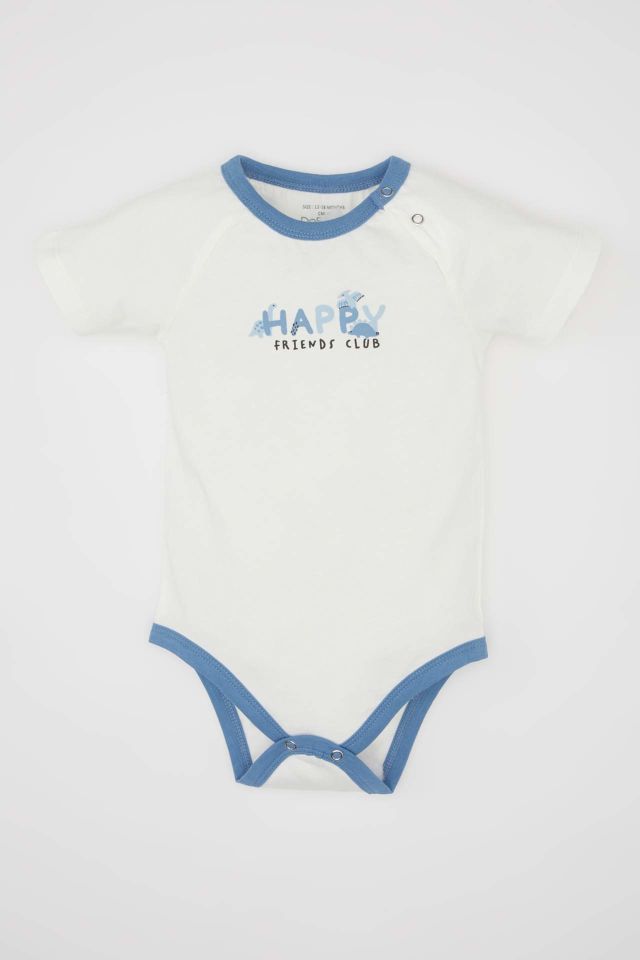 Erkek Bebek Yenidoğan Bebe Yaka Baskılı Penye Kısa Kollu Çıtçıtlı Body