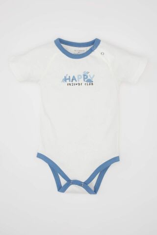 Erkek Bebek Yenidoğan Bebe Yaka Baskılı Penye Kısa Kollu Çıtçıtlı Body