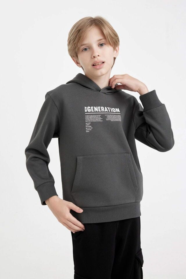 Erkek Çocuk Cepli Yazı Baskılı Kapüşonlu Kalın Okul Sweatshirt