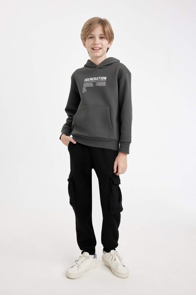 Erkek Çocuk Cepli Yazı Baskılı Kapüşonlu Kalın Okul Sweatshirt