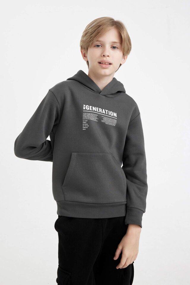 Erkek Çocuk Cepli Yazı Baskılı Kapüşonlu Kalın Okul Sweatshirt