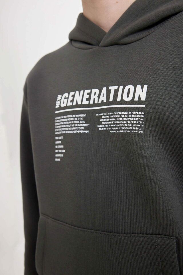 Erkek Çocuk Cepli Yazı Baskılı Kapüşonlu Kalın Okul Sweatshirt