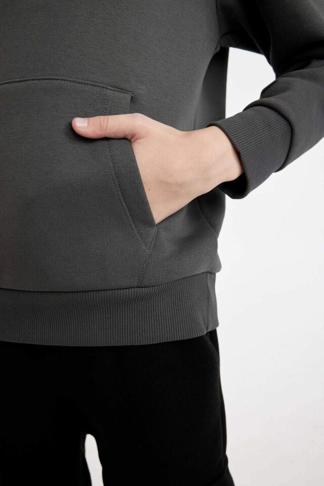 Erkek Çocuk Cepli Yazı Baskılı Kapüşonlu Kalın Okul Sweatshirt