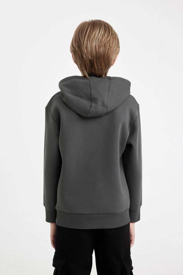 Erkek Çocuk Cepli Yazı Baskılı Kapüşonlu Kalın Okul Sweatshirt