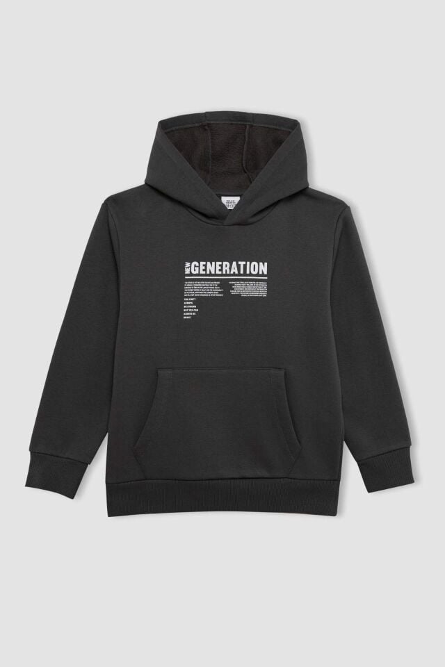 Erkek Çocuk Cepli Yazı Baskılı Kapüşonlu Kalın Okul Sweatshirt