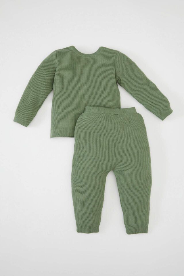 Erkek Bebek 2'li Takım Basic Düz Düğmeli Uzun Kollu Triko Hırka Beli Lastikli Triko Alt