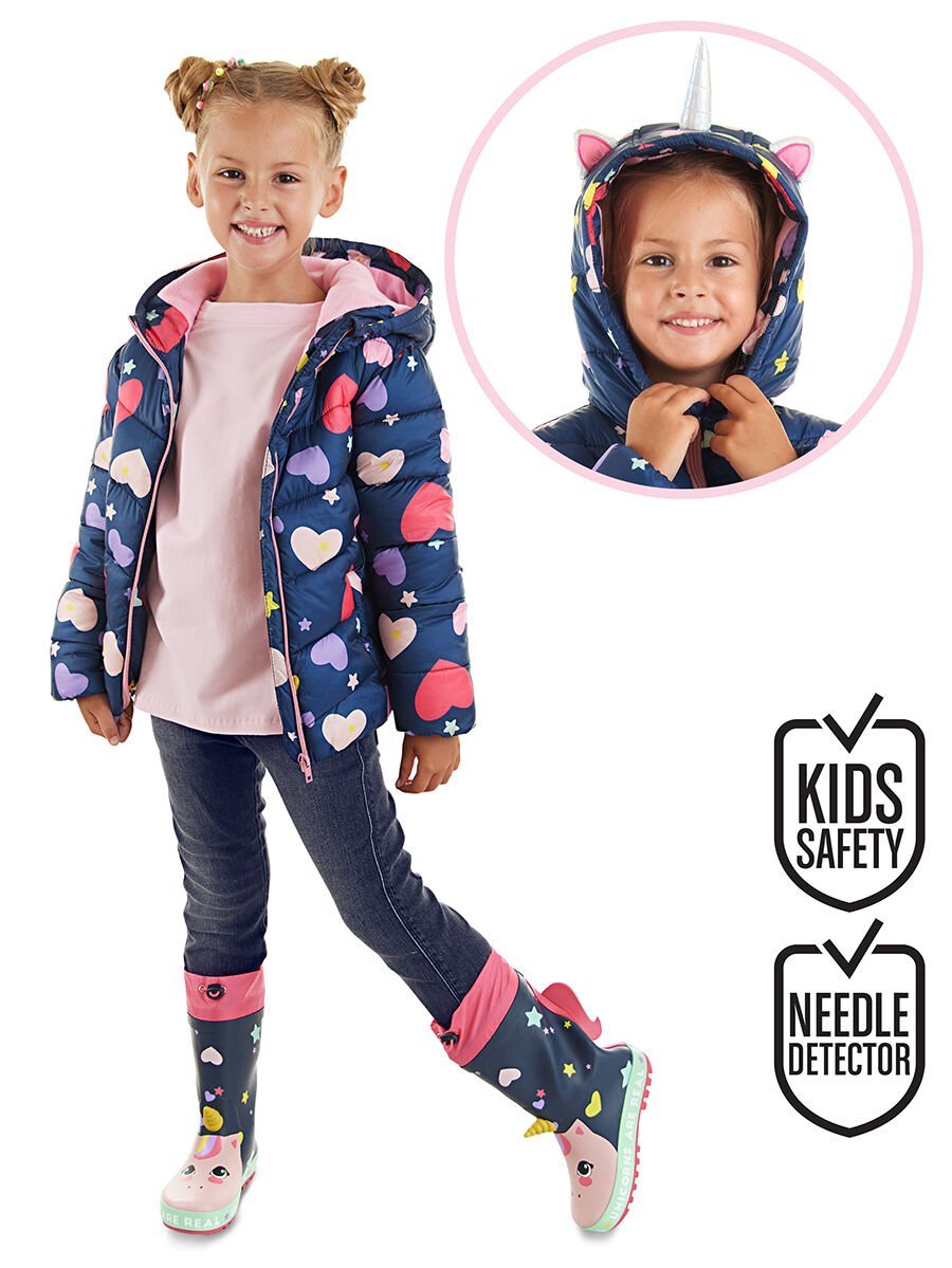 Unicorn Kız Çocuk Su İtici Kapüşonlu Lacivert Mont