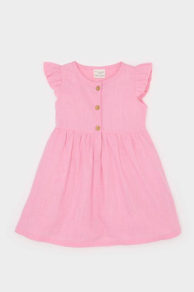 Kız Bebek Basic Düz Kısa Kollu Flamlı Poplin Elbise